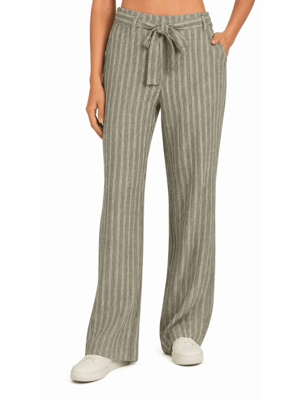 Striped Wide Leg Linen Blend Pants Belted M